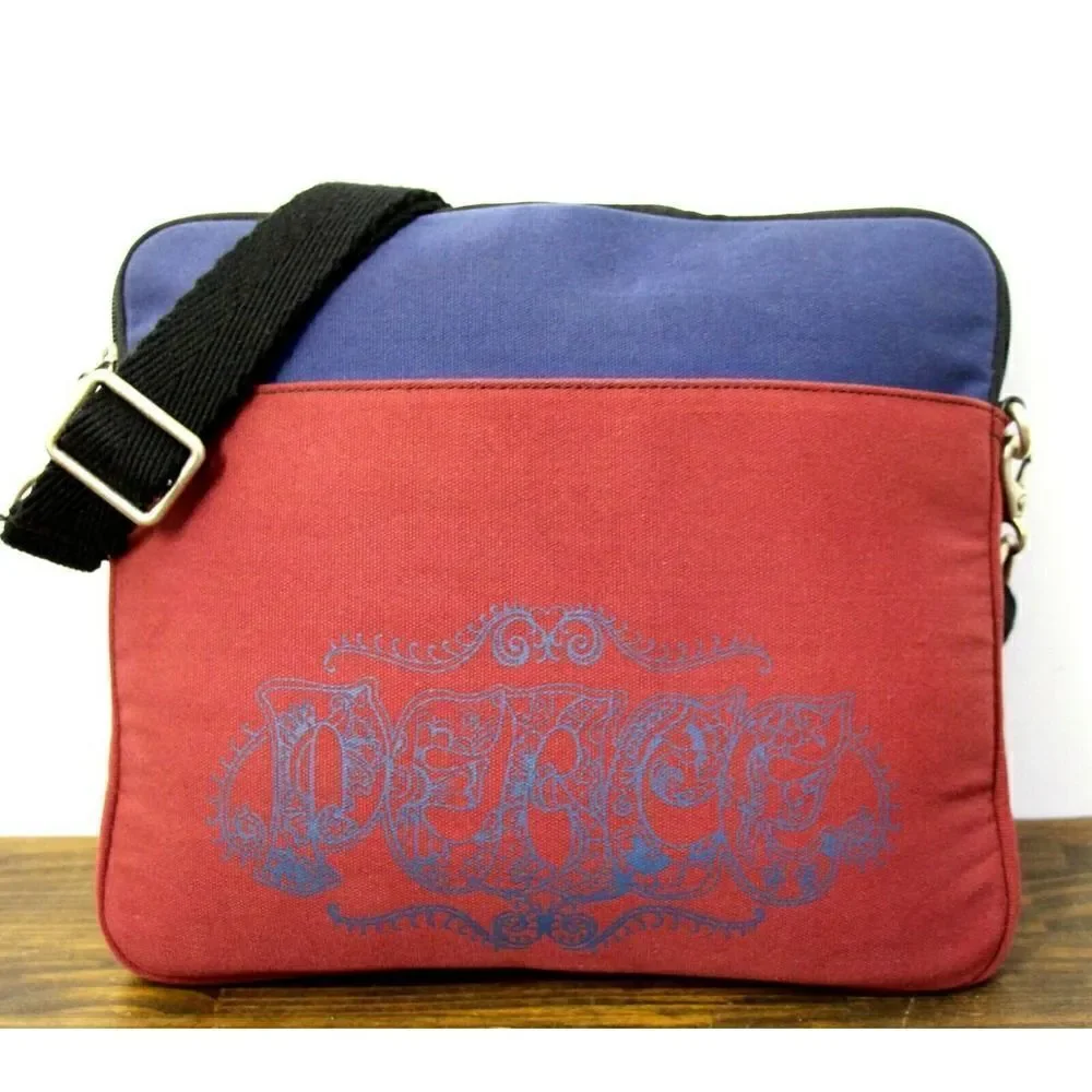 LUCKY BRAND BLUE DARK RED PRINTED CANVAS LAPTOP CROSS BODY PURSE SHOULDER BAG